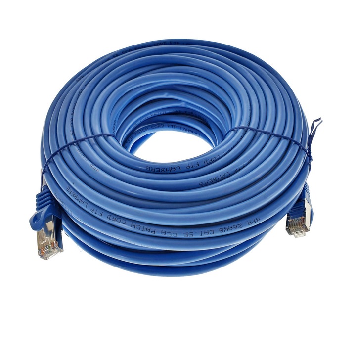 Екраниран FTP кабел, Lanberg 42790, cat.5e, 2xRJ45 щепсел, дължина 30m, AWG 26, 100 MHz, мрежова връзка, ethernet, син