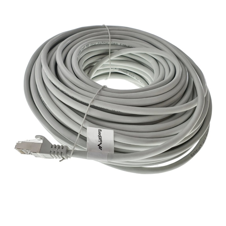 Екраниран FTP кабел, Lanberg 42789, cat.5e, 2xRJ45 щепсел, дължина 30m, AWG 26, 100 MHz, за мрежова връзка, ethernet, сив