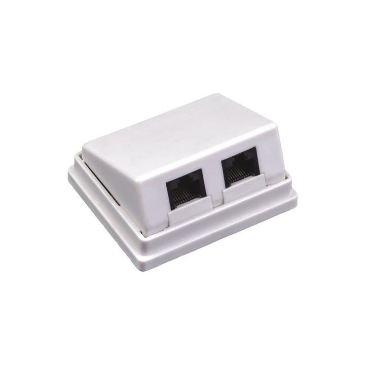 Розетка cat5e LanKATT, Неекранирана, 2 x RJ45, UTP, Наклон на 45 градуса, Оборудвана, Открит монтаж върху мазилка
