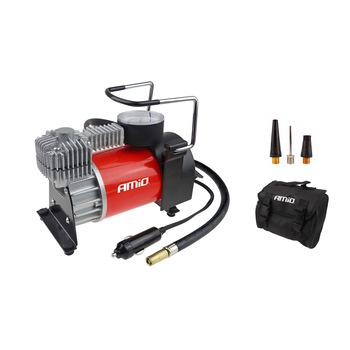 Compresor auto cu manometru, carcasa metal, DC12V, 150PSI / 10Bar, 30l/min, lungimea cablului de alimentare 3m, 3x adaptoare incluse, husa inclusa, rosu/negru Compresor auto cu manometru, carcasa metal, DC12V, 150PSI / 10Bar, 30l/min, lungimea cablului de alimentare 3m, 3x adaptoare incluse, husa inclusa, rosu/negru