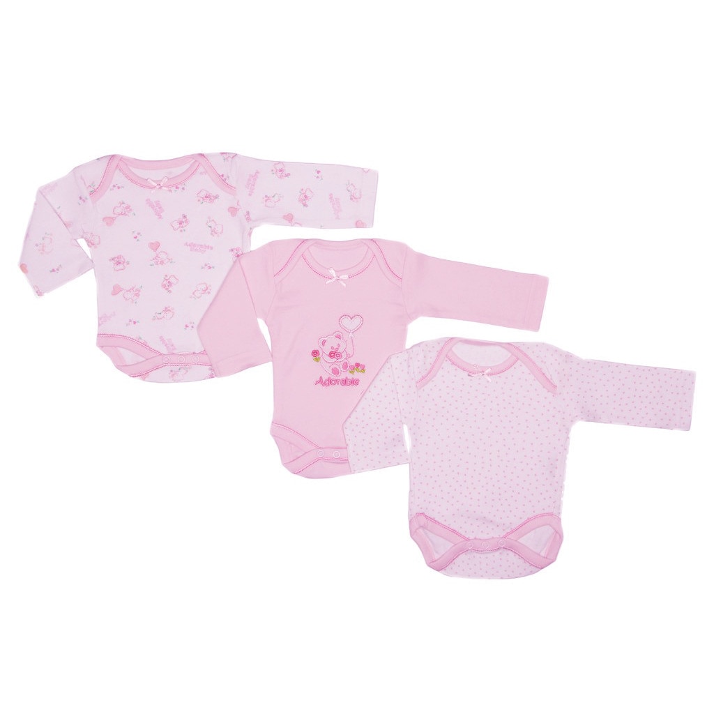Set 3 Body-uri cu maneca lunga, fete, Baby Nursery, cu ursuleti, Alb/Roz