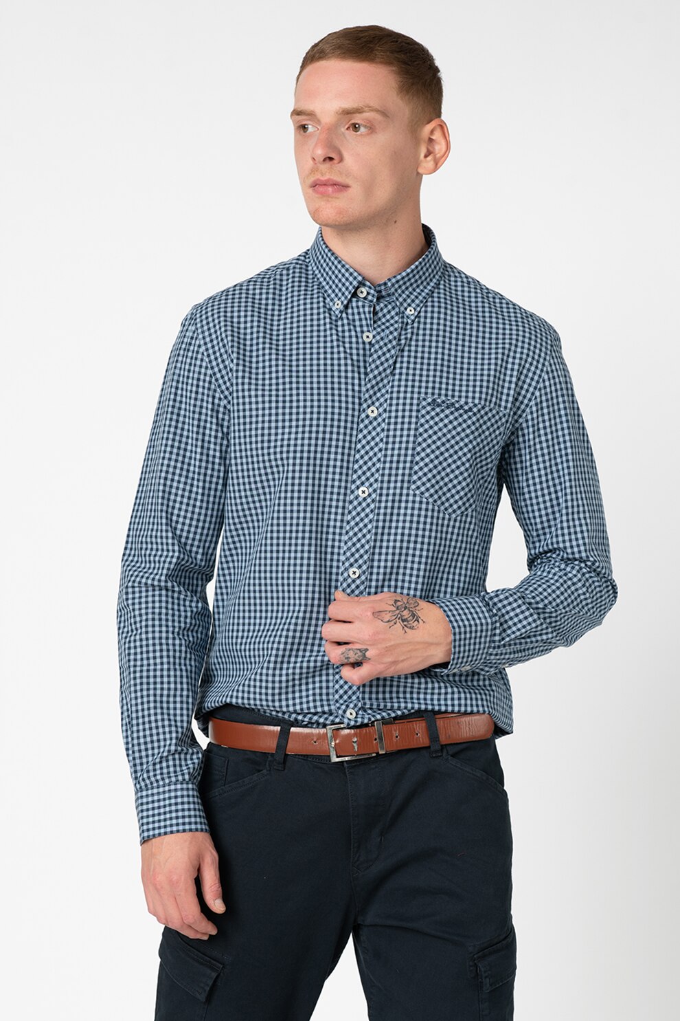 Ben Sherman, Camasa cu model gingham si guler fixat cu nasturi, Albastru