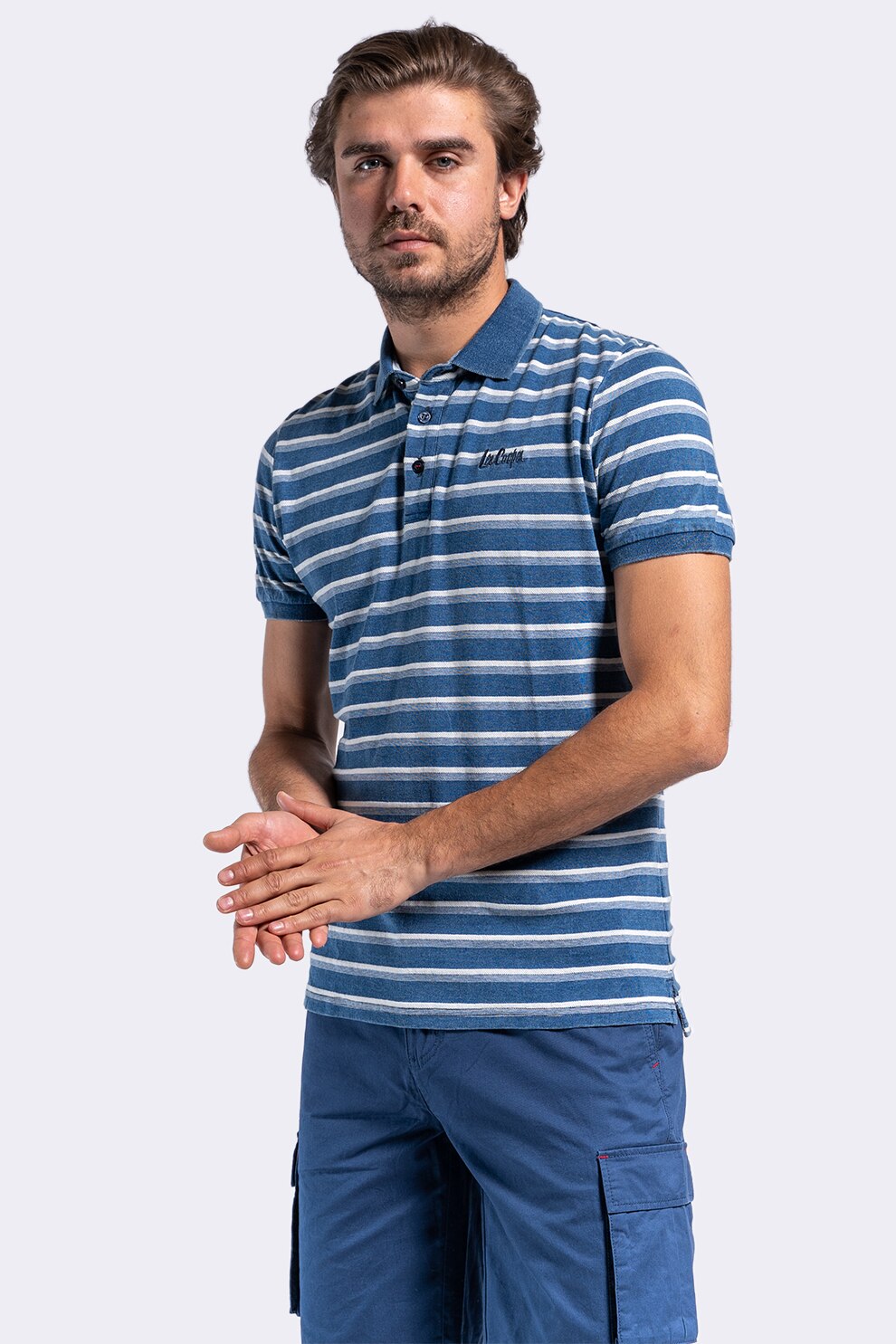 Lee Cooper, Tricou polo in dungi, albastru inchis/alb, S
