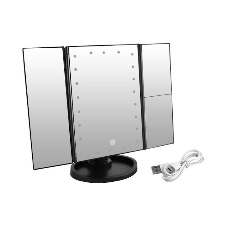 Oglinda Profesionala Reglabila pentru Machiaj si Cosmetica, cu 3 Oglinzi Laterale Pliabile, Iluminare Led si Touch, Negru