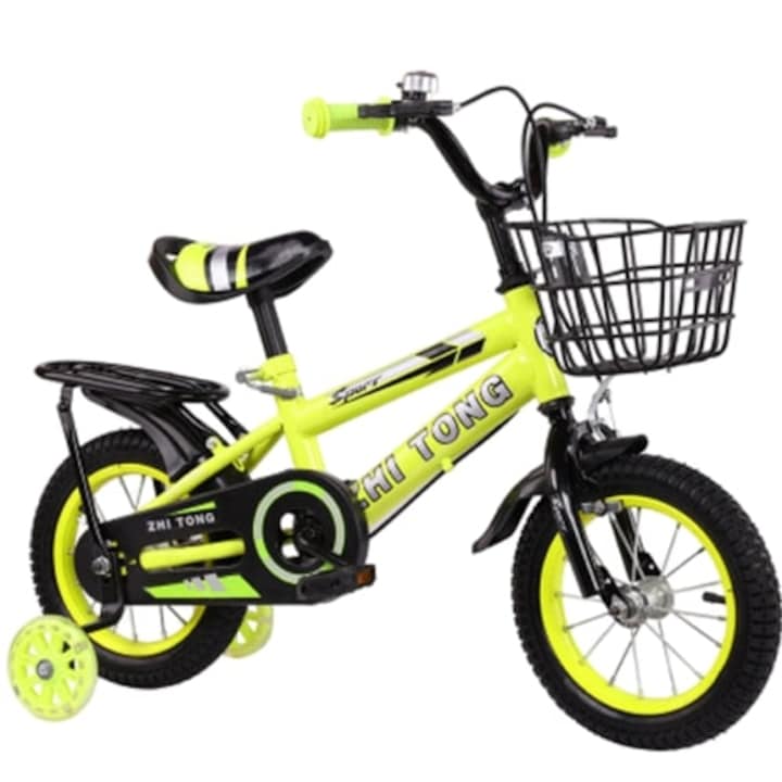 Велосипед Go Kart, За момче, 16 цола, 4-7 години, Силиконови помощни колела със светлини, Калници, Кош за играчки, Стойка и багажник, Жълт