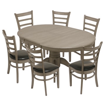 Set masa dining / bucatarie, extensibila, Kring Virginia si 6 scaune tapitate, rotunda/ovala, 106-152 cm, lemn masiv, Gri antichizat Set masa dining / bucatarie, extensibila, Kring Virginia si 6 scaune tapitate, rotunda/ovala, 106-152 cm, lemn masiv, Gri antichizat