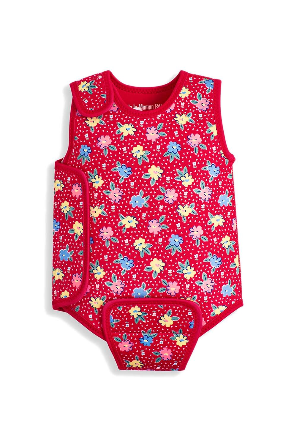 JoJo Maman Bebe, Costum de baie intreg cu imprimeu floral, Rosu inchis/albastru lavanda/galben pai