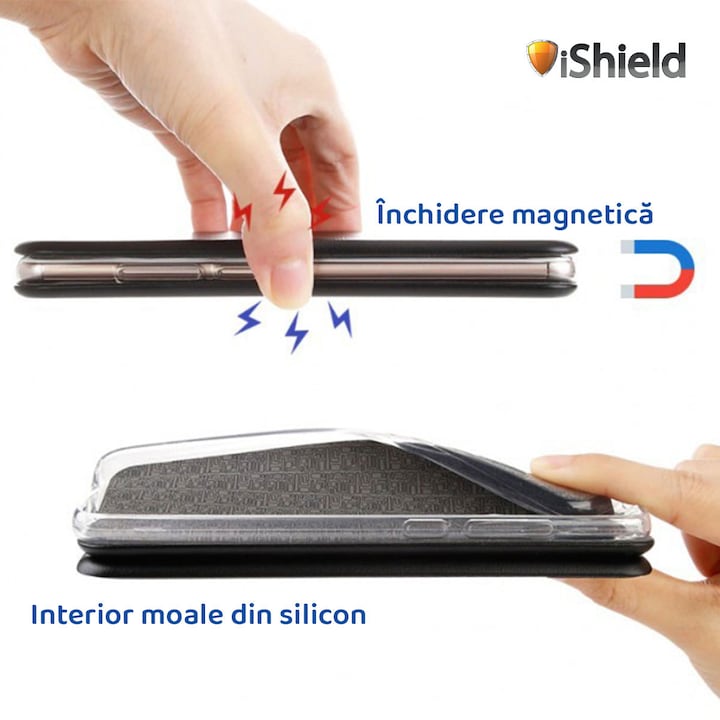 Husa flip Samsung A21 S - carte cu magnet integrat, buzunar interior, piele eco, iShiled - Argintie