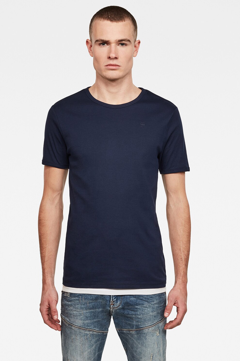 G-Star RAW, Tricou de bumbac organic cu detaliu brodat - 2 piese, Bluemarin
