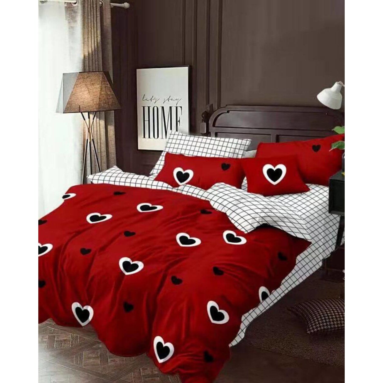 Set Lenjerie Finet Satinat, 6 Piese, Pat 2 Persoane, Inimi Negre