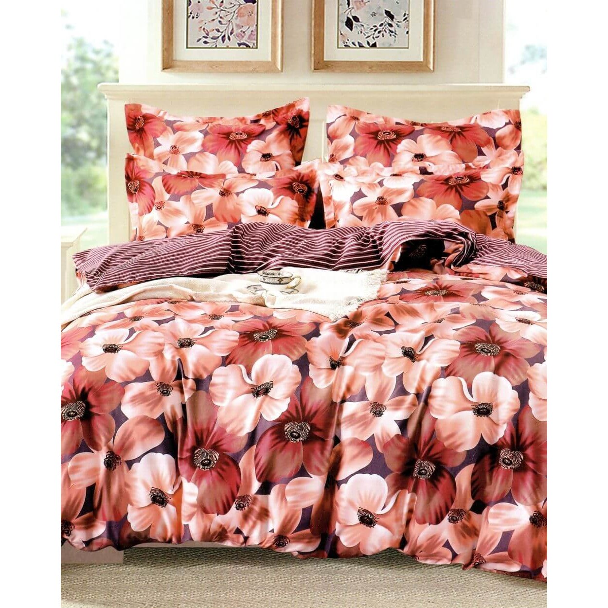 Set Lenjerie Finet Satinat, 6 Piese, Pat 2 Persoane, Floral
