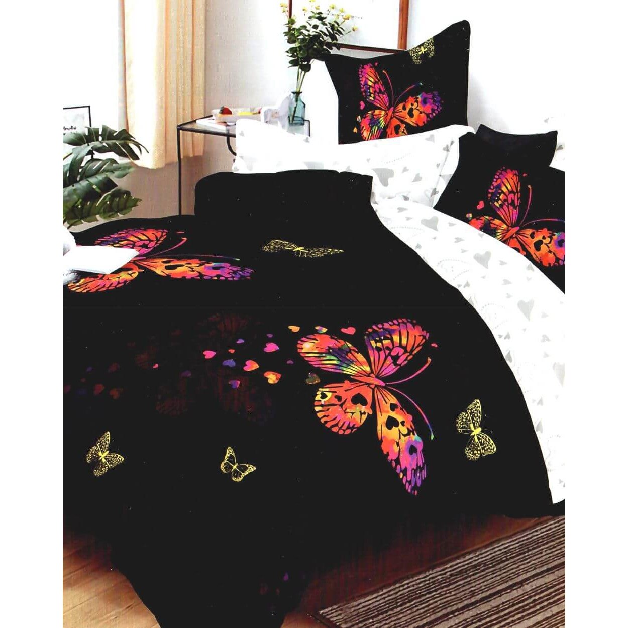 Set Lenjerie Finet Satinat, 6 Piese, Pat 2 Persoane, Elegant Pucioasa, Fluturi si Inimi