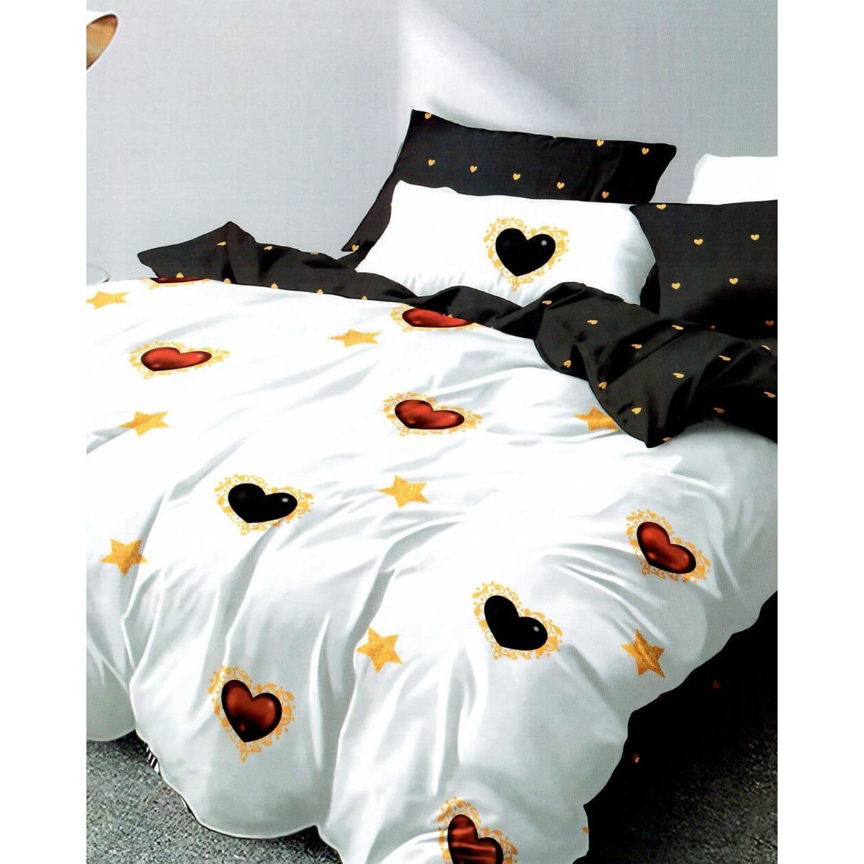Set Lenjerie Finet Satinat, 6 Piese, Pat 2 Persoane, Elegant Pucioasa, Inimi si Stele
