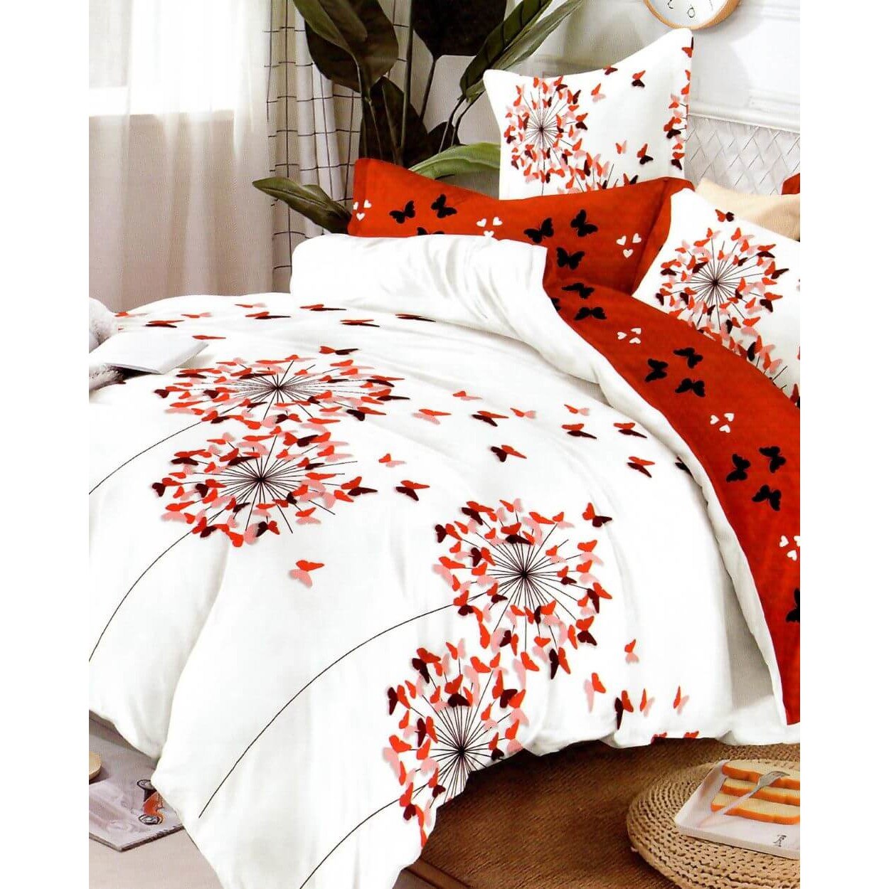 Set Lenjerie Finet Satinat, 6 Piese, Pat 2 Persoane, Elegant Pucioasa, Papadie din Fluturi