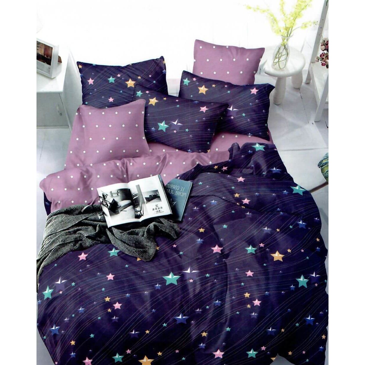 Set Lenjerie Finet Satinat Gros cu 2 Fete, 6 Piese, Pat 2 Persoane, Stellar