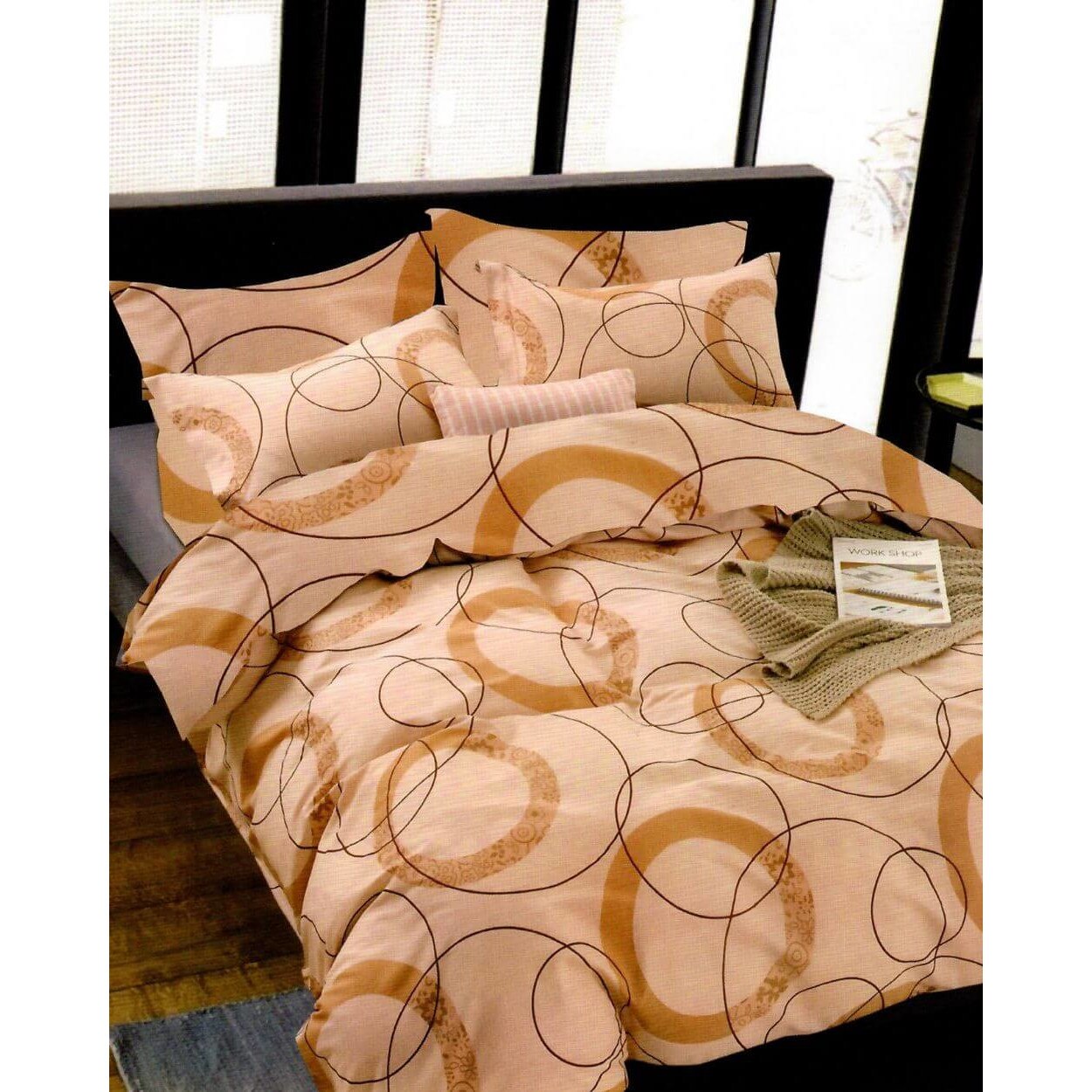 Set Lenjerie Finet Satinat Gros cu 2 Fete, 6 Piese, Pat 2 Persoane, Cercuri Maro