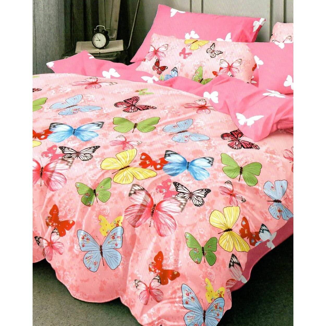 Set Lenjerie Finet Satinat, 6 Piese, Pat 2 Persoane, Fluturi Pictati