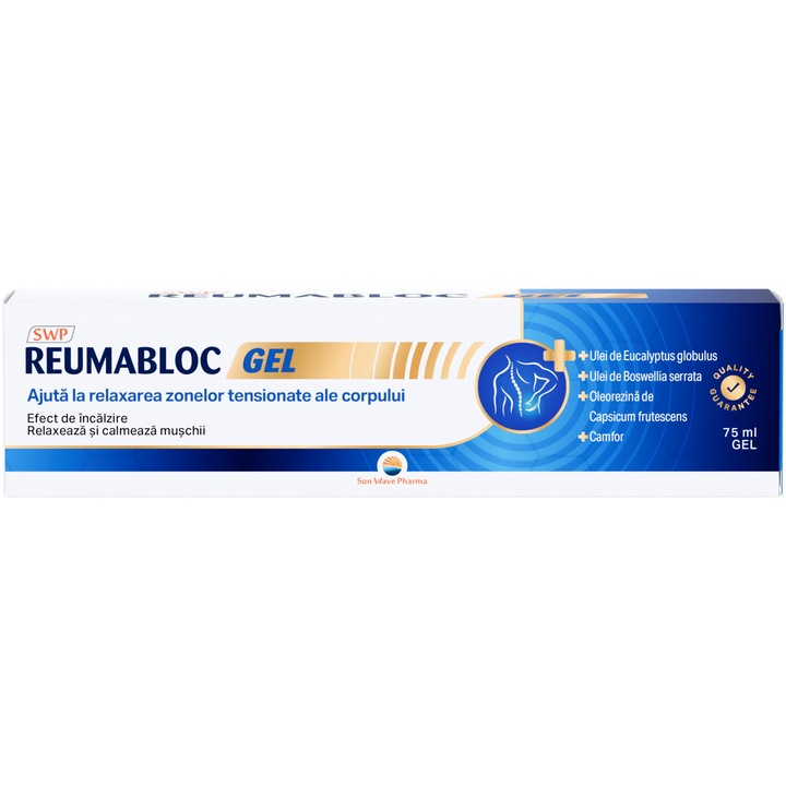 Reumabloc Gel, Sun Wave Pharma, Boswelia, mentol, eucalipt, pentru muschi si articulatii, 75 g