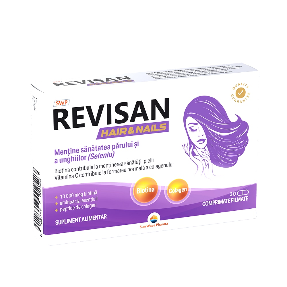 Revisan Hair&Nail, Sun Wave Pharma, Biotina, Seleniu, zinc pentru mentinerea sanatatii parului, unghiilor, pielii, peptide din colagen, niacina, L-cisteina, extract din seminte de