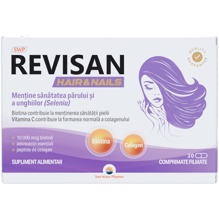 Revisan Hair&Nail, Sun Wave Pharma, Biotina, Seleniu, zinc pentru mentinerea sanatatii parului, unghiilor, pielii, peptide din colagen, niacina, L-cisteina, extract din seminte de struguri, 30 comprimate