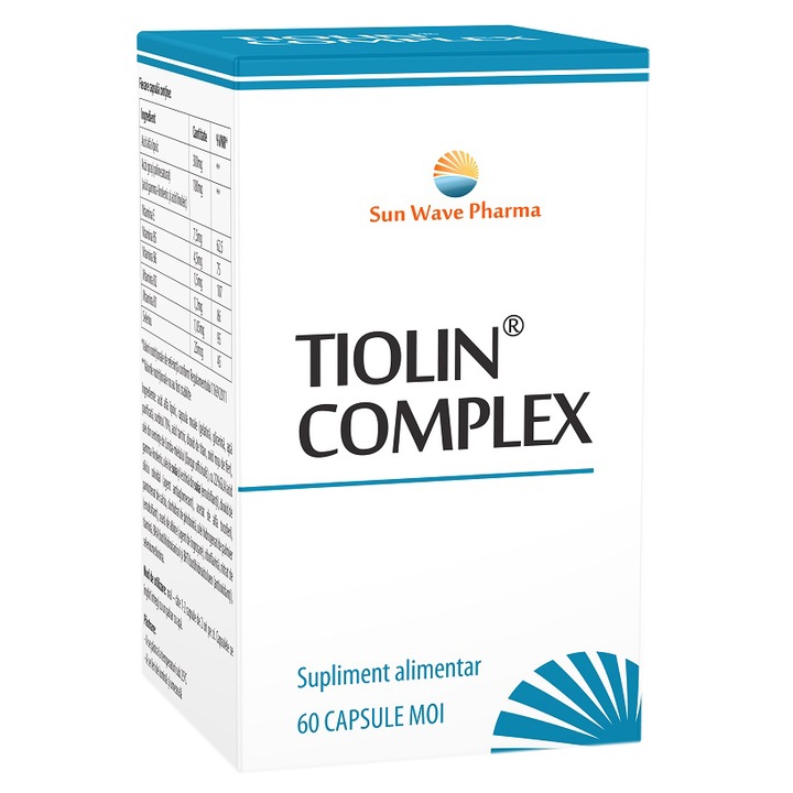 Tiolin Complex, Sun Wave Pharma, Vitaminele B1, B2, B6 pentru funcționarea normală a sistemului nervos, acid alfa-lipoic,vitamina E, seleniu, 60 capsule