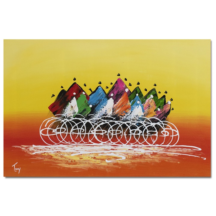 Tablou biciclisti pictat manual, Cursa ciclista, 90x60cm ulei pe panzain relief efect 3D