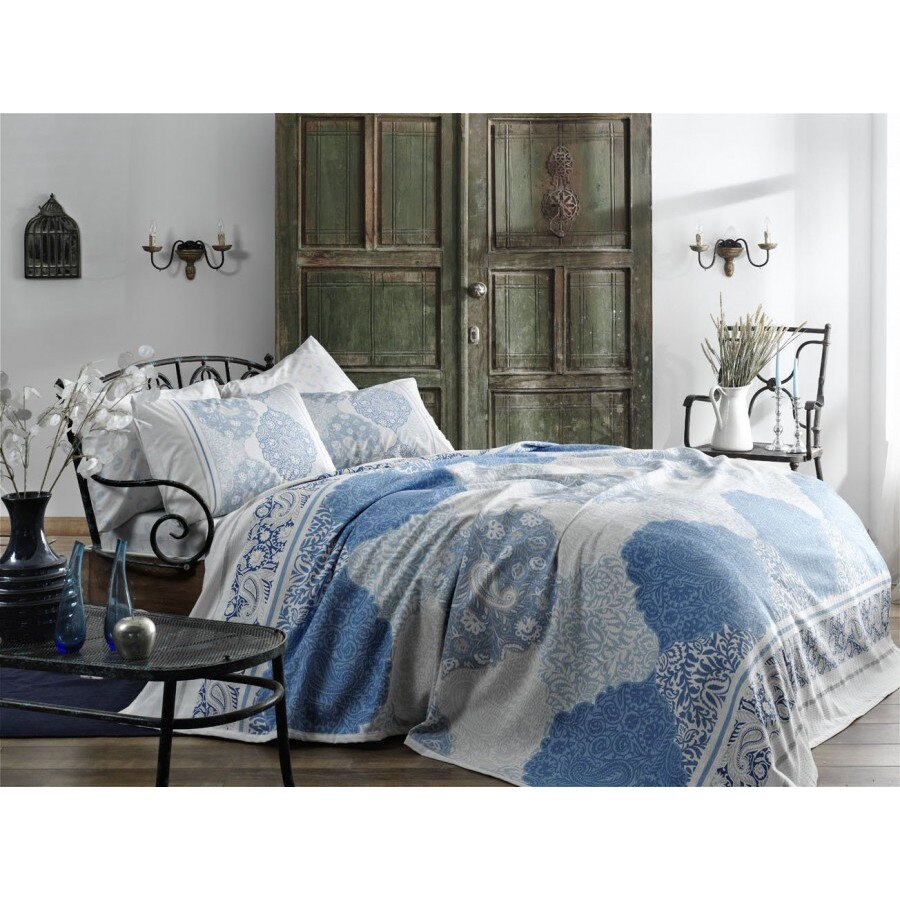 Set Lenjerie si Cuvertura pat dublu, bumbac 100%, 4 piese, TAC, Aryan Mavi