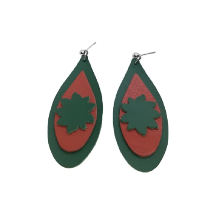 Cercei handmade din piele naturala si accesorii tehnice din otel inoxidabil, forma lacrima, Verde / portocaliu, 6,5 cm