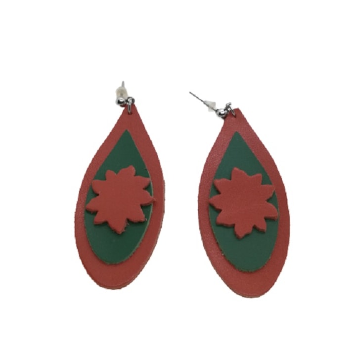 Cercei handmade din piele naturala si accesorii tehnice din otel inoxidabil, forma lacrima, / 6,5, Verde/Portocaliu, 6.5 cm