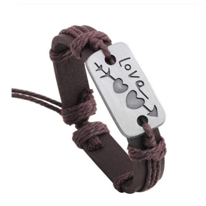 Bratara maro din piele, tip unisex, gravura Love, inimioare