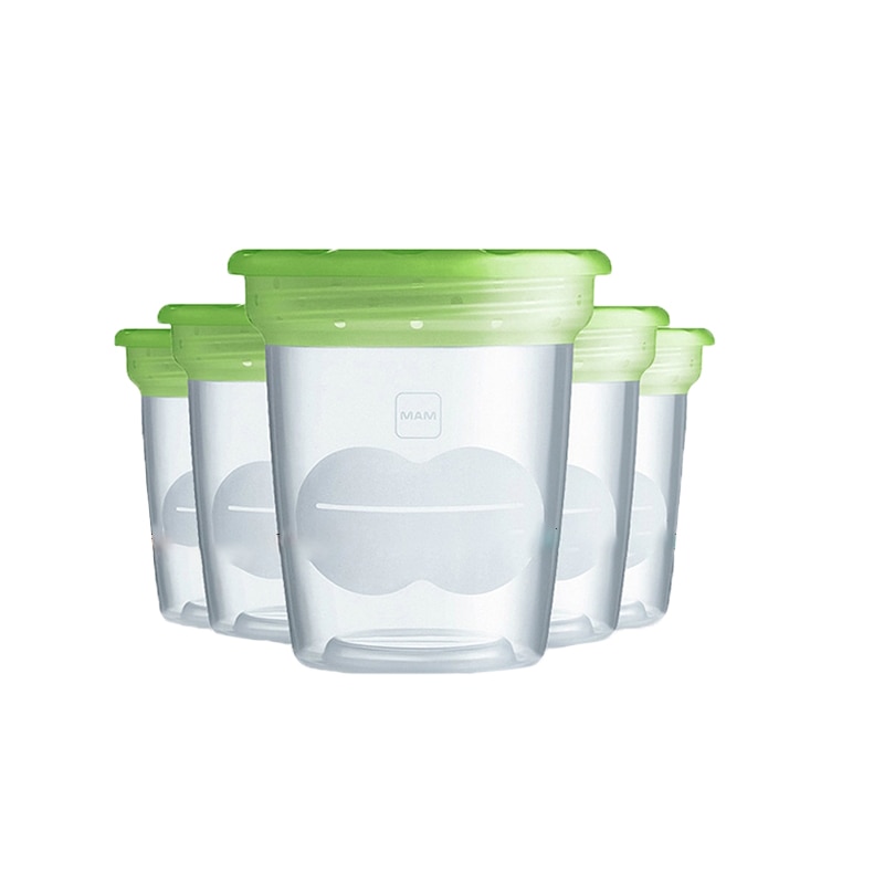 Set 5 recipiente pentru stocarea laptelui si a hranei 120 ml MAM 285011, Transparent 6+ luni