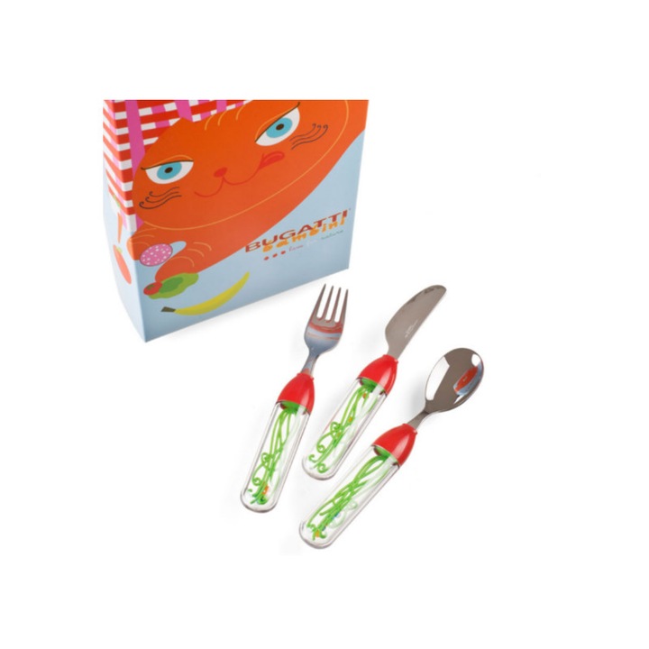 Set tacamuri pentru copii, Casa Bugatti, Tweet, 3 piese, premium, fara BPA, otel inoxidabil, finisaj lucios, verde/rosu