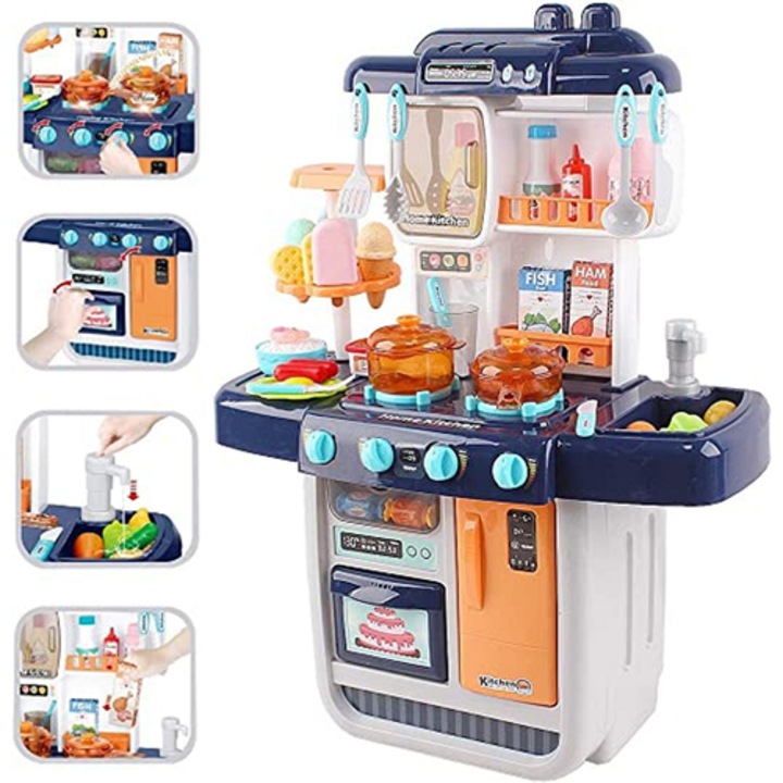 Bucatarie de joaca pentru copii cu chiuveta, plite, abur real, lumini si sunete, robinet de lucru, 70 cm, albastru