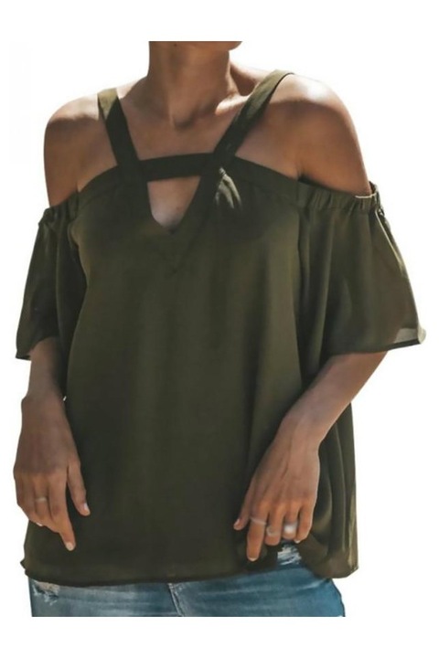 Női ing, nyakkivágással a vállán, rövid ujjú, Khaki