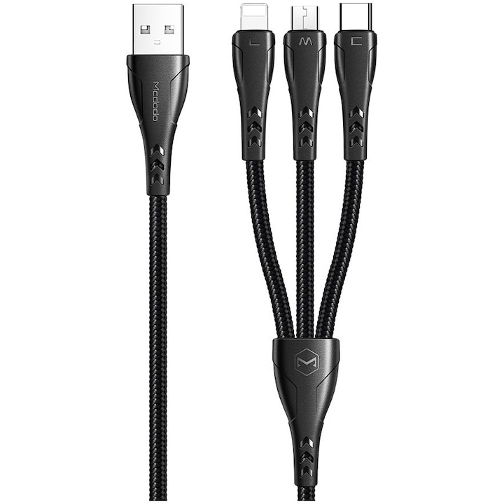 Mcdodo Mamba Series 3 in 1 Lightning & MicroUSB & Type-C adatkábel, Max 3 A, 1.2m, Fekete