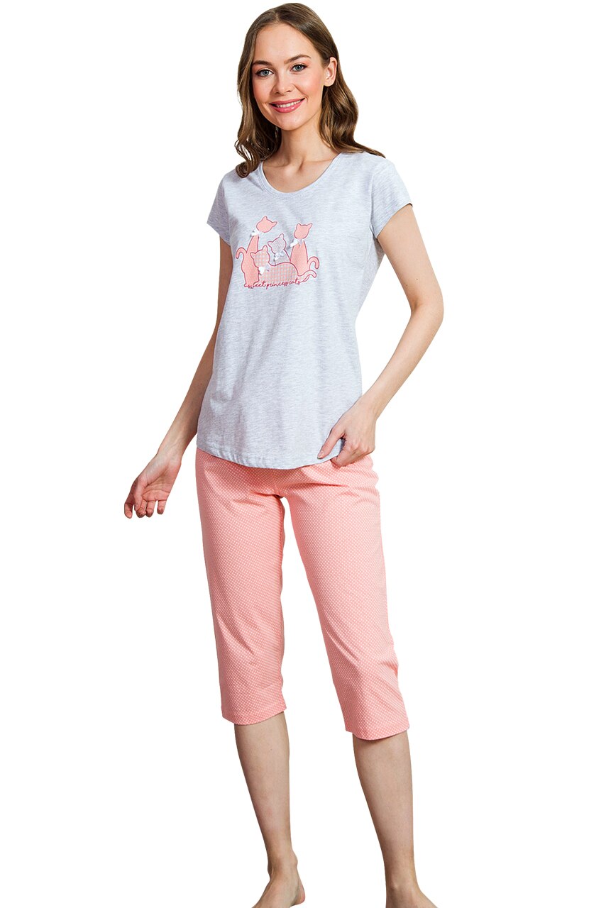 Pijama Dama, Vienetta, Model Sweet Prcess Cats, Culoare Gri/Roz