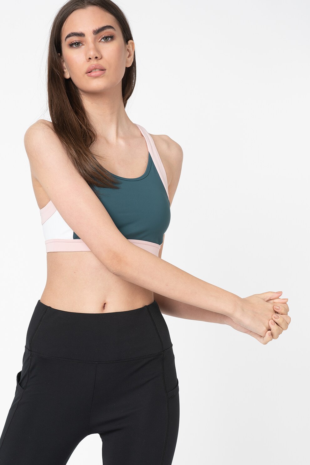Asics, Bustiera cu model colorblock pentru fitness, Albastru petrol/Roz prafuit/Alb