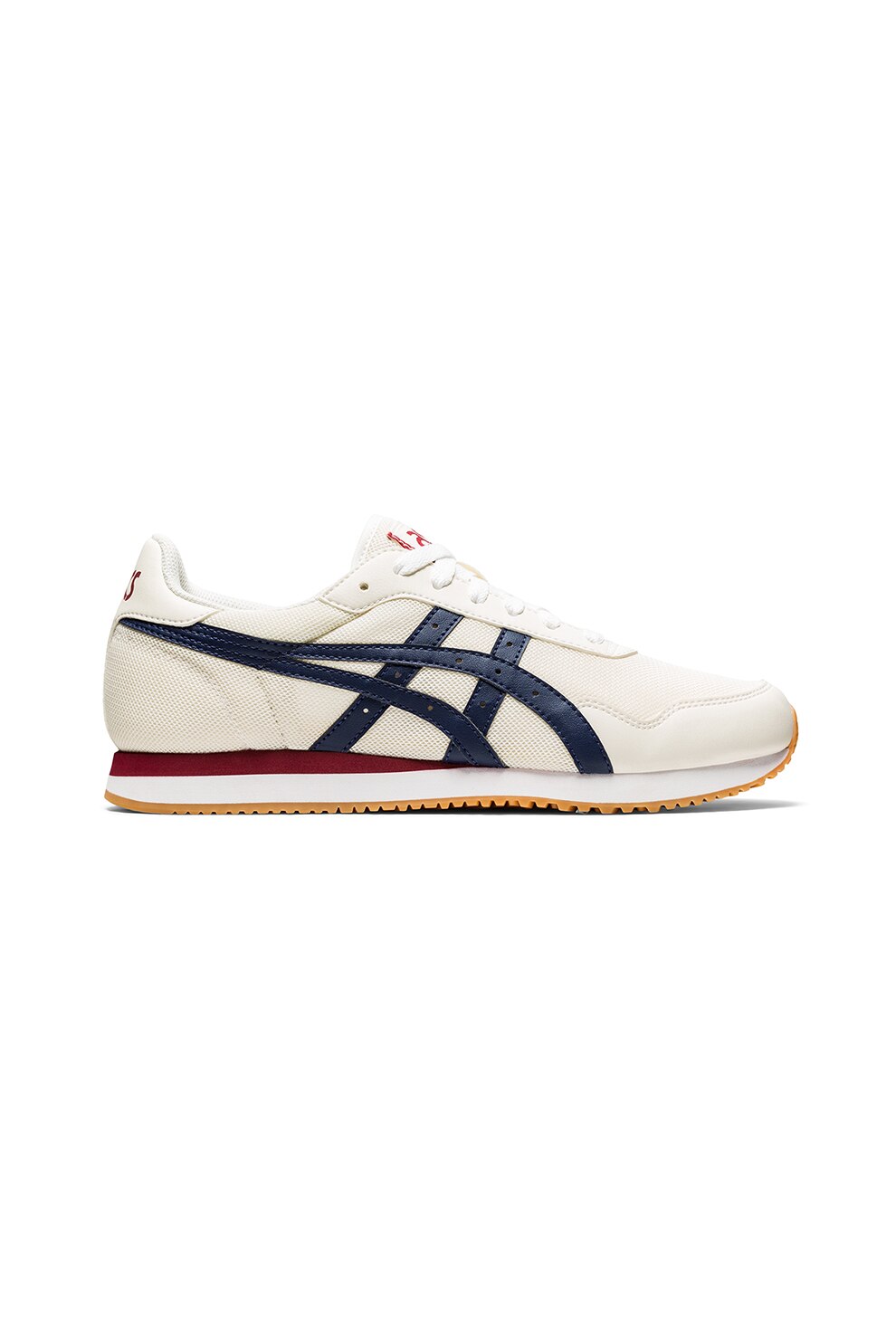 ASICS Tiger, Pantofi sport de plasa, cu insertii de piele ecologica, pentru alergare Tiger, Crem/Bleumarin/Rosu inchis, 5.5