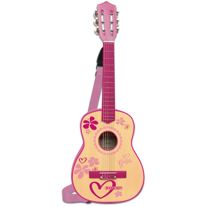 Bontempi klasszikus fa gitár, 6 fém húr, rózsaszín matricákkal, 75cm