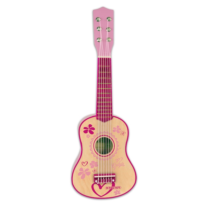 Bontempi 55 cm-es klasszikus fa gitár 6 fémhúrral és rózsaszín matricákkal