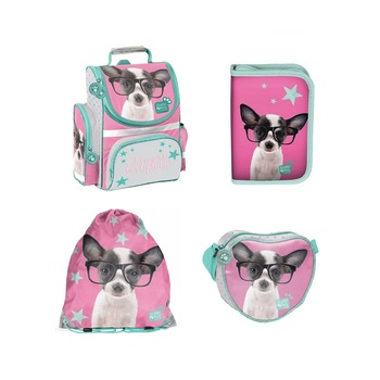 Set ghiozdan scoala, caine, penar, sac pentru pantofi, gaenta de mana, multicolor Set ghiozdan scoala, caine, penar, sac pentru pantofi, gaenta de mana, multicolor