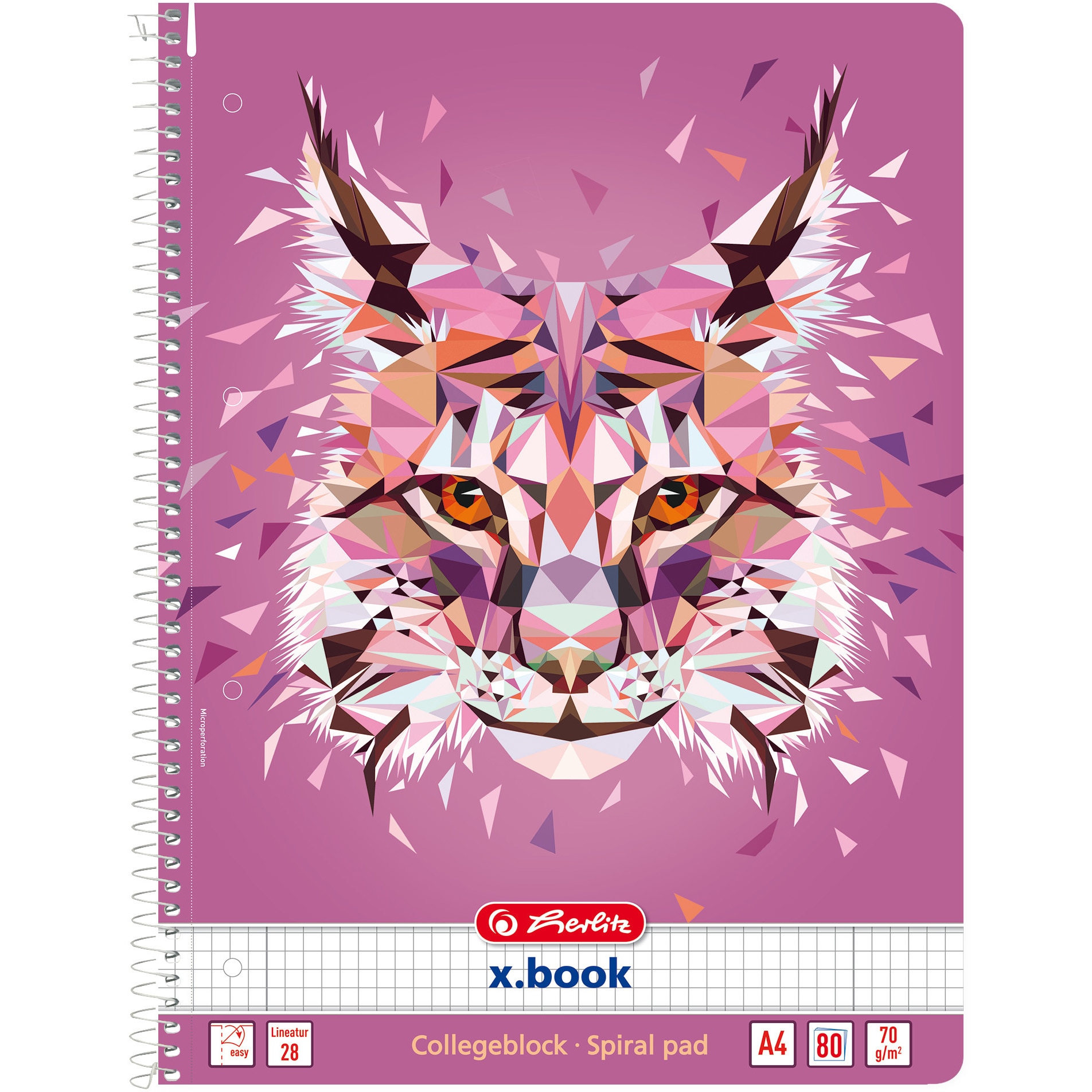 Caiet Herlitz, A4 80 file cu spirala patratele perforat, liniat dublu motiv Wild Animals Lynx