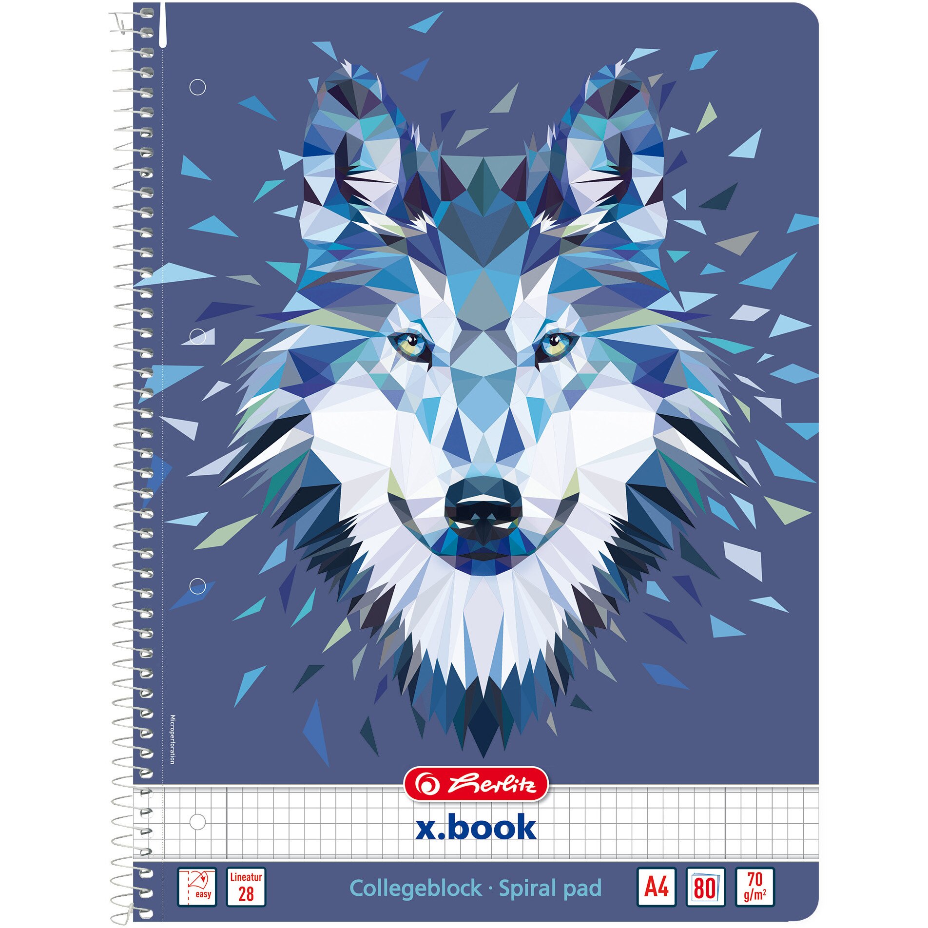 Caiet Herlitz, A4 80 file cu spirala patratele perforat, liniat dublu motiv Wild Animals Wolf