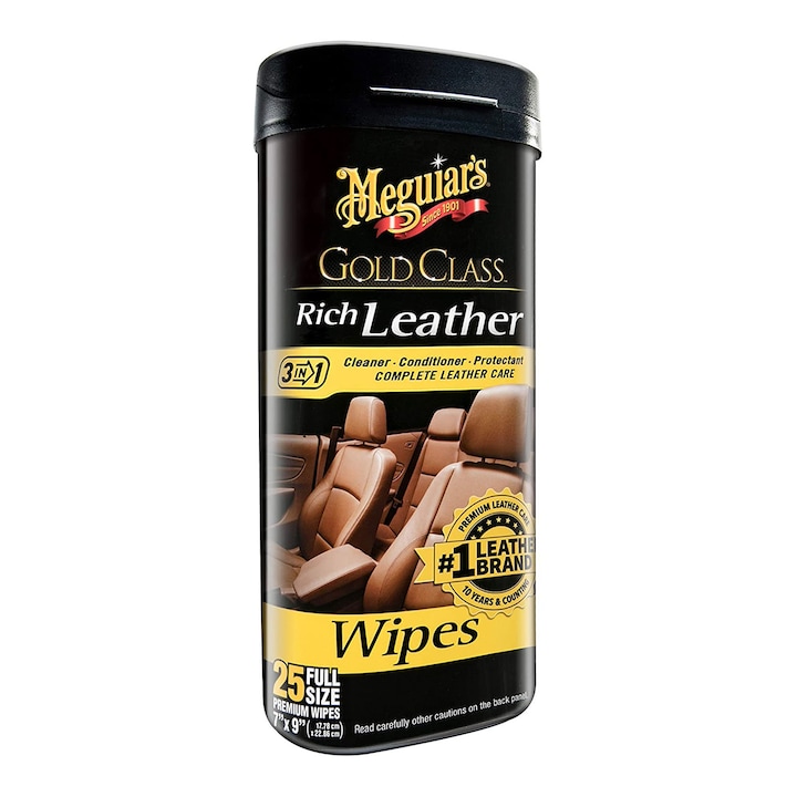Мокри кърпички за почистване и поддържане на кожена тапицерия Meguiars Gold Class Rich Leather Wipes, 25 броя, 18x23 см