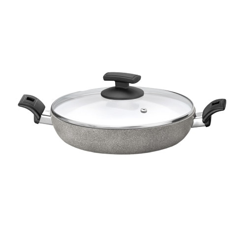 Tigaie cu doua manere, Olympia, cu capac, multistratificata, aluminiu special pentru alimente, fara Acid Perfluorooctanoic, fara nichel, cu particule minerale, gri, 28 cm