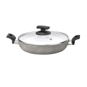 Tigaie cu doua manere, Olympia, cu capac, multistratificata, aluminiu special pentru alimente, fara Acid Perfluorooctanoic, fara nichel, cu particule minerale, gri, 28 cm Tigaie cu doua manere, Olympia, cu capac, multistratificata, aluminiu special pentru alimente, fara Acid Perfluorooctanoic, fara nichel, cu particule minerale, gri, 28 cm