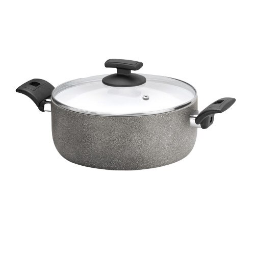 Oala Olympia, cu capac, multistratificata, aluminiu special pentru alimente, fara Acid Perfluorooctanoic, fara nichel, cu particule minerale, gri, 24 cm