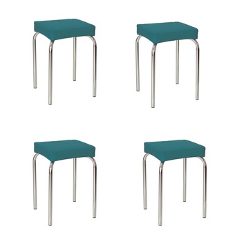 Set 4 scaune dining de tip taburet Tutti, cadru cromat, piele ecologica, turcoaz