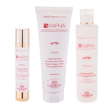 Set 3 produse pentru tenul gras, mixt si cu impuritati 500ml, crema cu ghimbir 500ml, lapte demachiant cu arbore de ceai 200ml si masca cu neem 250ml , Lakshmi, produse bio-organice Set 3 produse pentru tenul gras, mixt si cu impuritati 500ml, crema cu ghimbir 500ml, lapte demachiant cu arbore de ceai 200ml si masca cu neem 250ml , Lakshmi, produse bio-organice