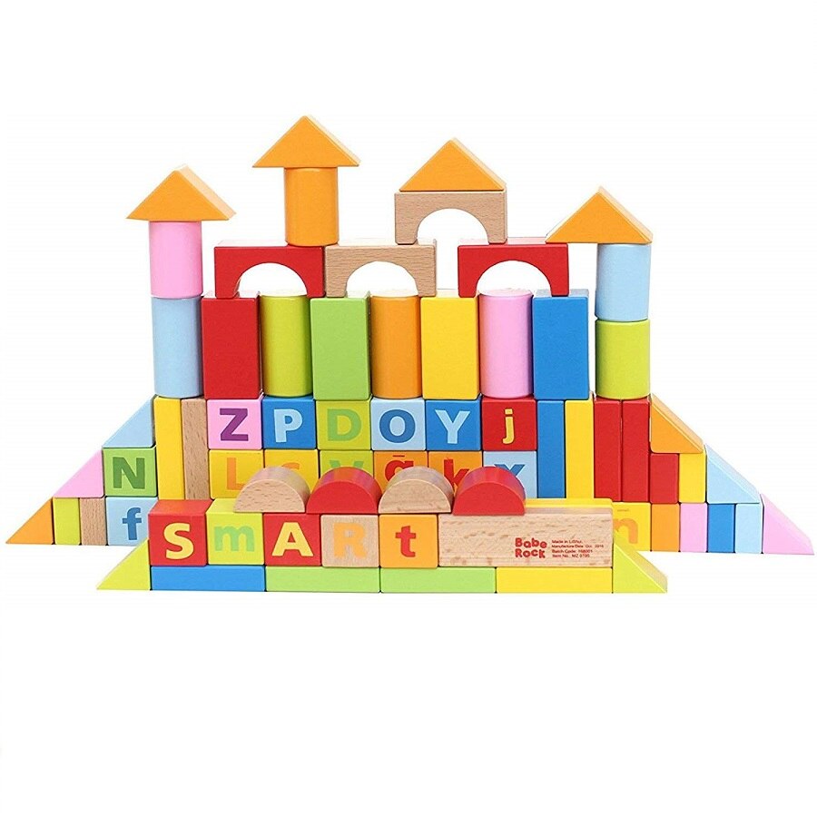 Cuburi constructie lemn litere cifre, 80 piese